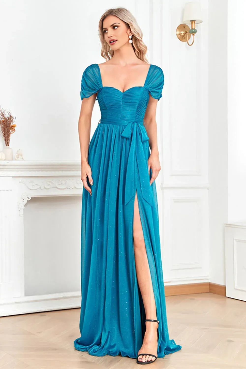 Elegant Blue A-Line Sweetheart Short-Sleeve Ruched Back Zip Floor-Length Prom Dress with Slit