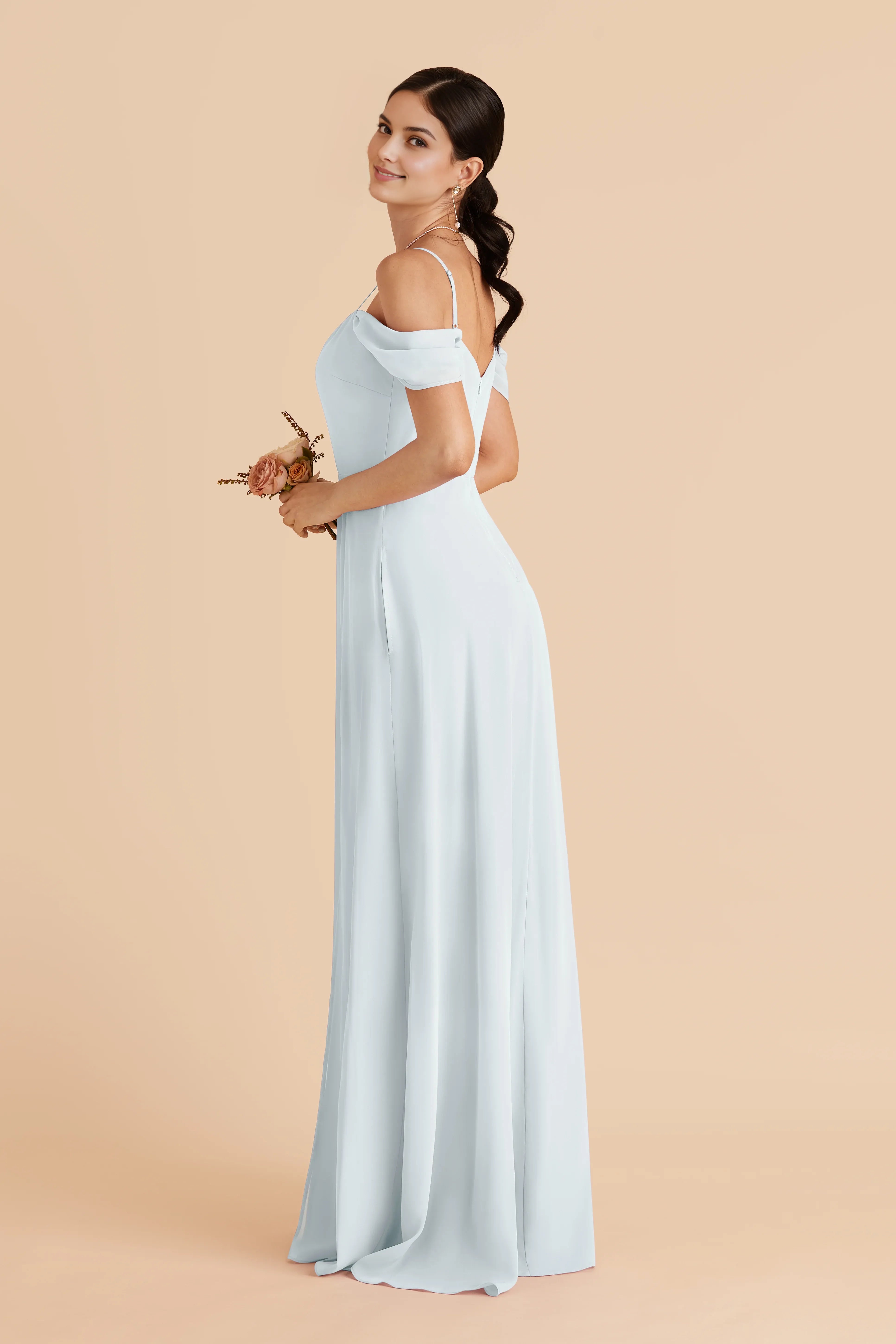 Elegant Blue A-Line V-Neck Cold-Shoulder Open-Back Back Zip Floor-Length Prom Dresses with Side Leg Slit