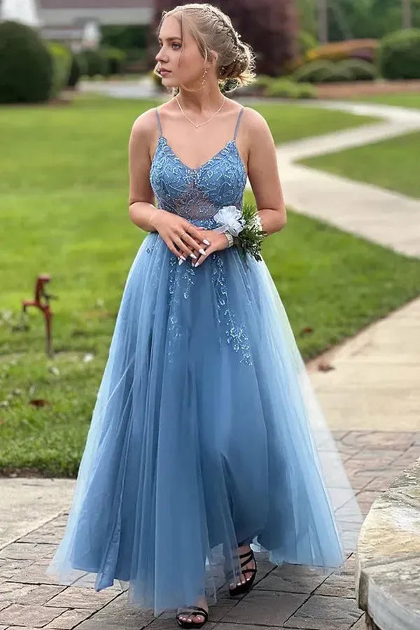Elegant Blue A-Line V-Neck Spaghetti Straps Lace Tulle Beading Back Zip Floor-Length Prom Dresses