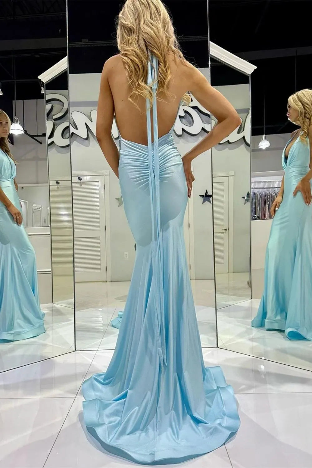 Elegant Blue Mermaid Halter Neck Sleeveless Backless Draped Floor-Length Prom Dress women Hot Sale