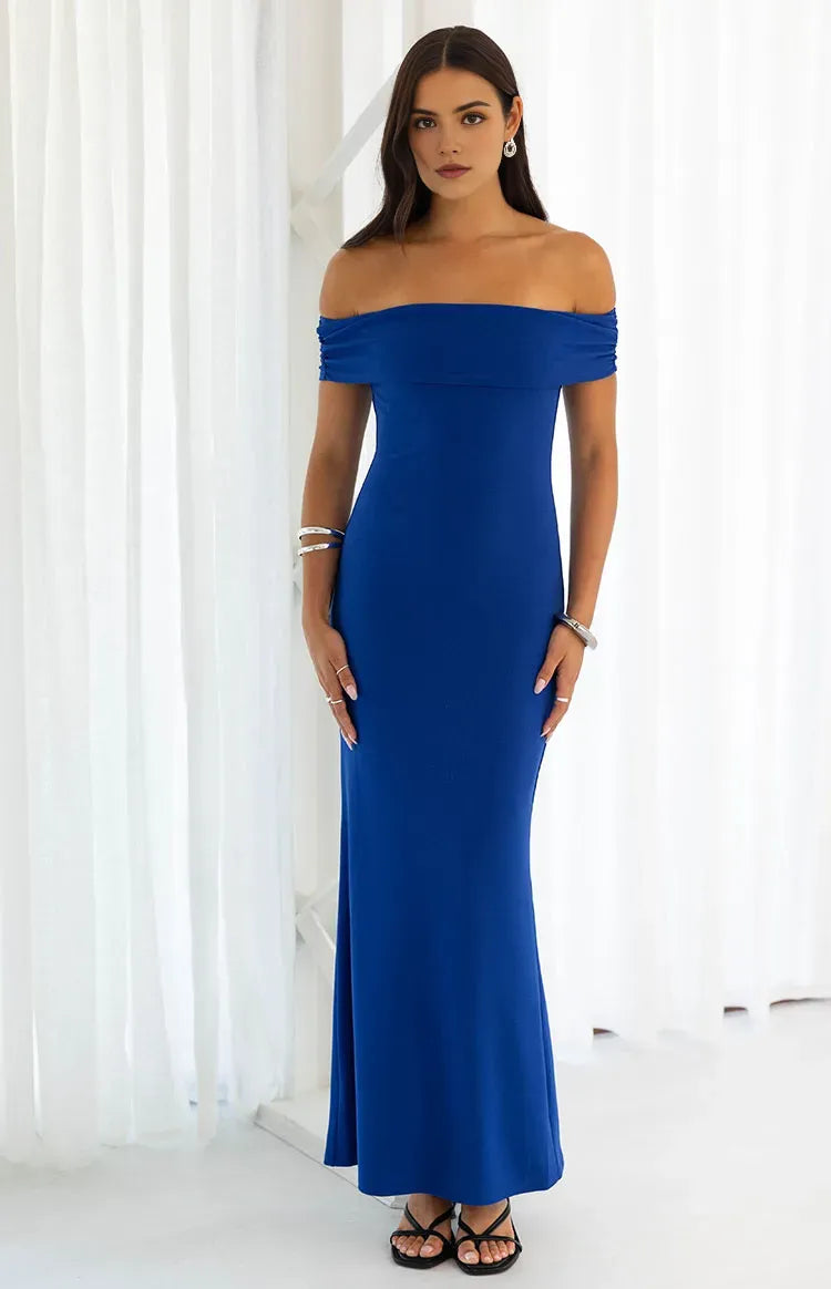 Elegant Blue Mermaid Off-Shoulder Sleeveless Ruched Bodice Backless Floor-Length Prom Dresses