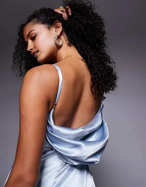 Elegant Blue Mermaid V-Neck Sleeveless Draped Satin Back Zip Floor-Length Prom Dresses