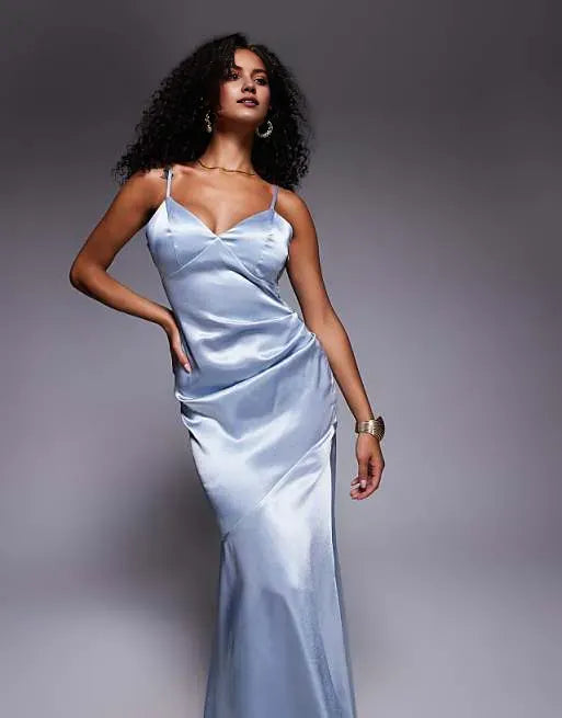 Elegant Blue Mermaid V-Neck Sleeveless Draped Satin Back Zip Floor-Length Prom Dresses