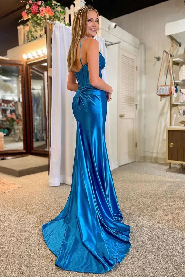 Elegant Blue Mermaid V-Neck Spaghetti Strap Back Zip Satin Floor-Length Prom Dress with Slit