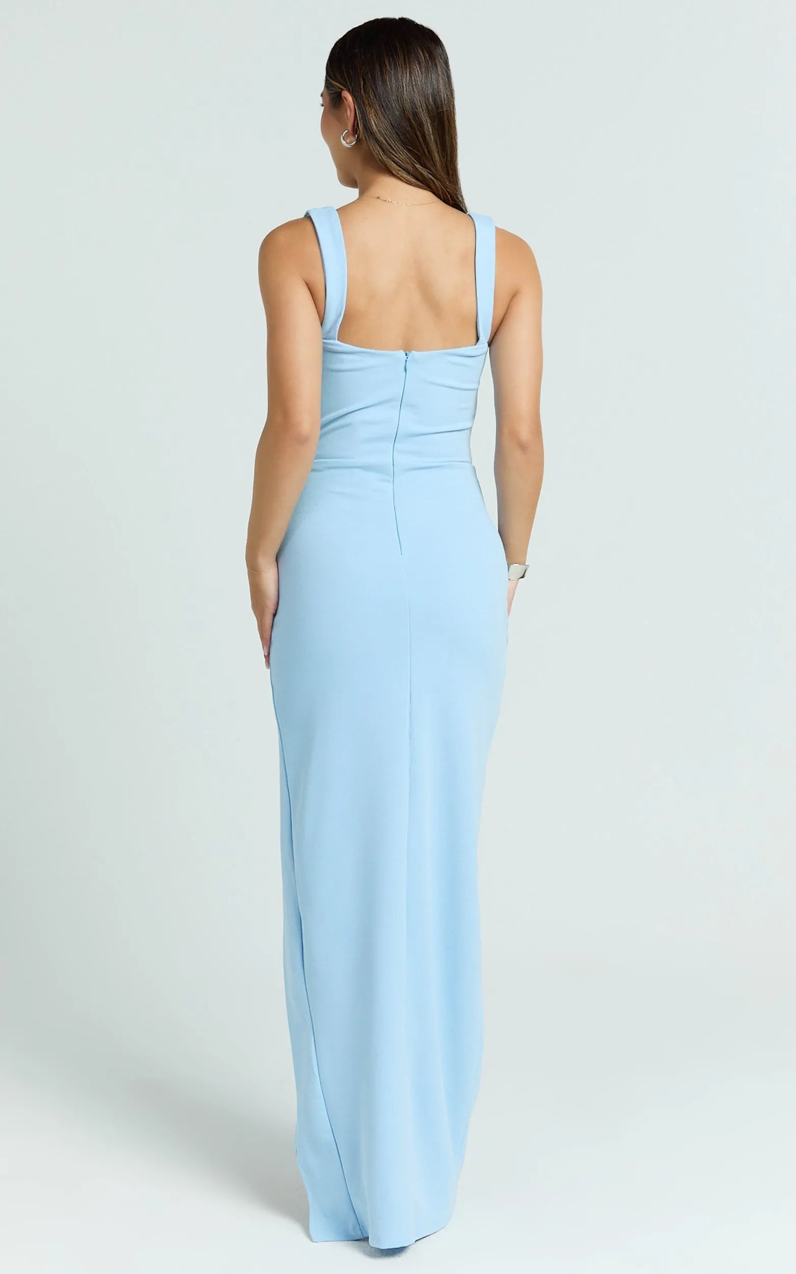 Elegant Blue Sheath Square Neck Sleeveless Back Zip Ruched Slit Floor-Length Prom Dress ﻿