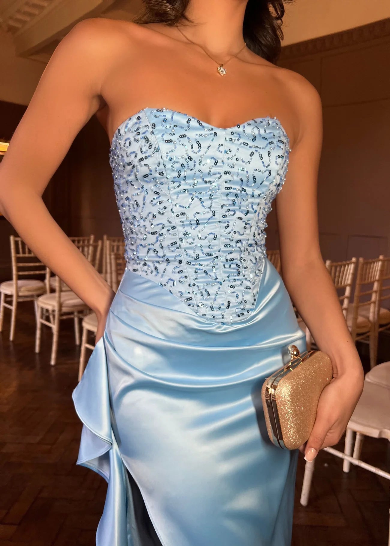 Elegant Blue Sweetheart Neckline Sleeveless Embellished Corset Bodice Ruffled High-Slit Floor-Length Prom Dresses