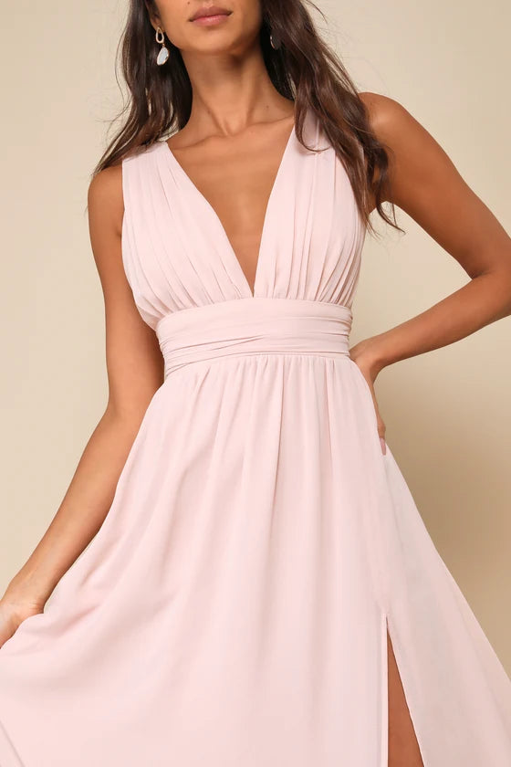 Elegant Blush A-Line Deep V-Neck Sleeveless V-Back Floor-Length High-Slit Chiffon Prom Dresses