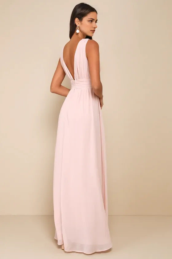 Elegant Blush A-Line Deep V-Neck Sleeveless V-Back Floor-Length High-Slit Chiffon Prom Dresses