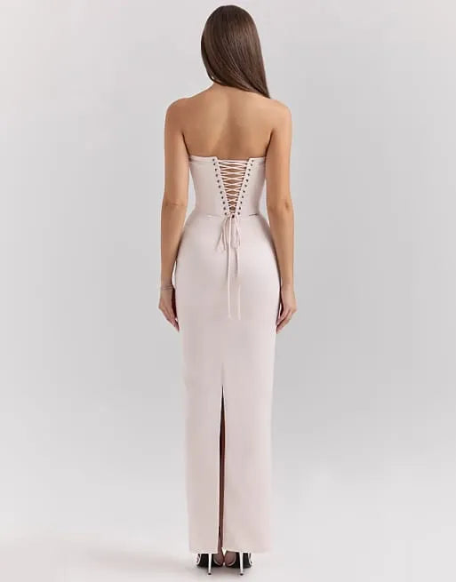 Elegant Blush Mermaid Strapless Sleeveless Lace-Up Back High Side Slit Floor-Length Prom Dresses Hot Sale