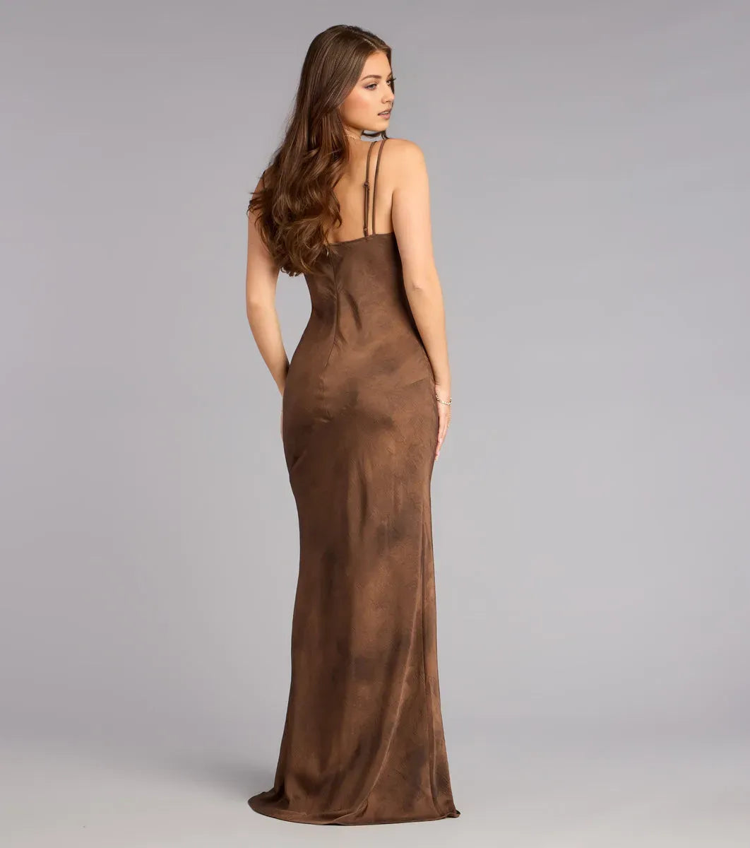 Elegant Brown Mermaid Cowl Halter Neck Sleeveless Back Zip Draped Satin Floor-Length Prom Dresses for women Hot Sale