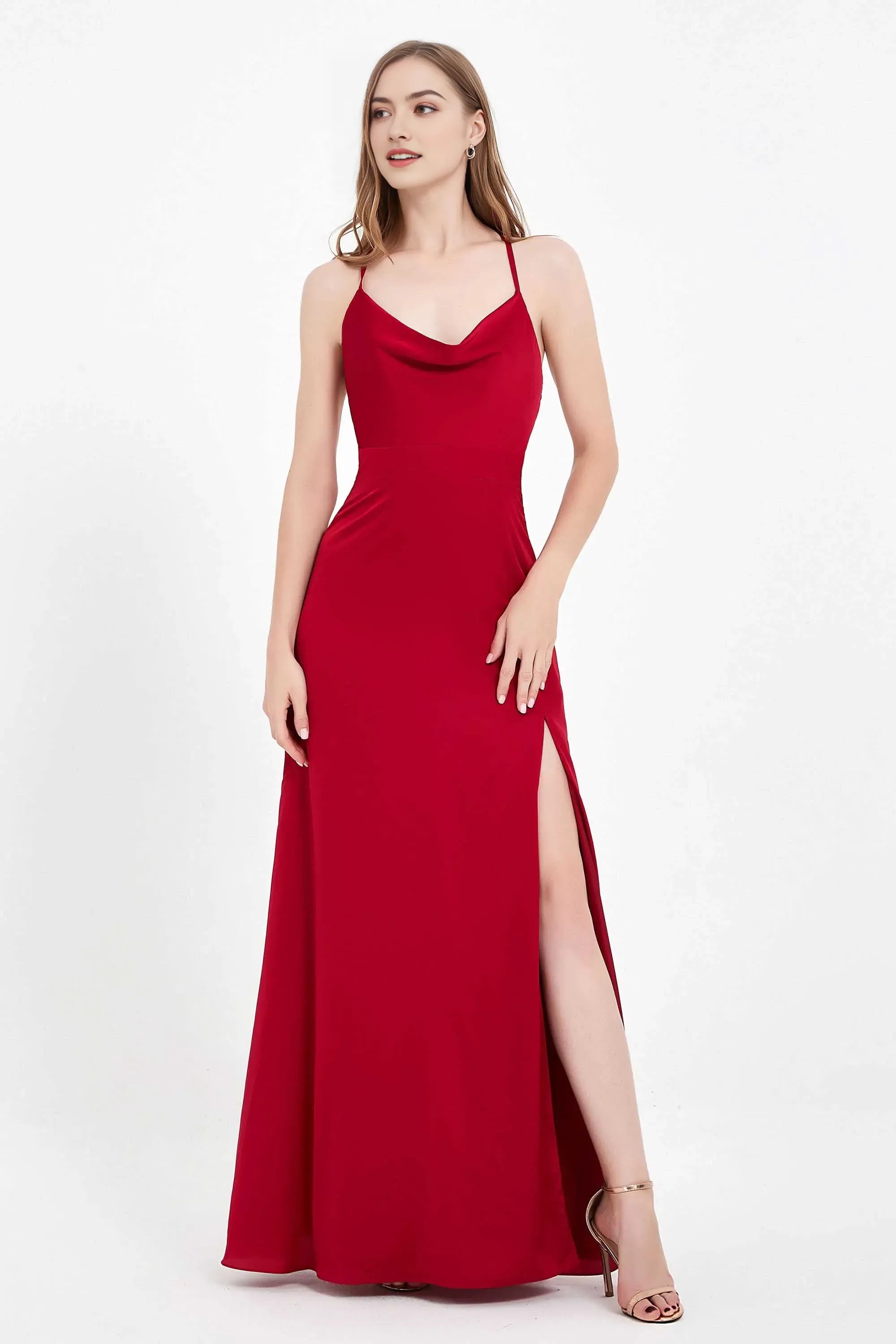 Elegant Burgundy A-Line Cowl Neck Spaghetti Straps Lace-Up Back Slit Floor-Length Prom Dress