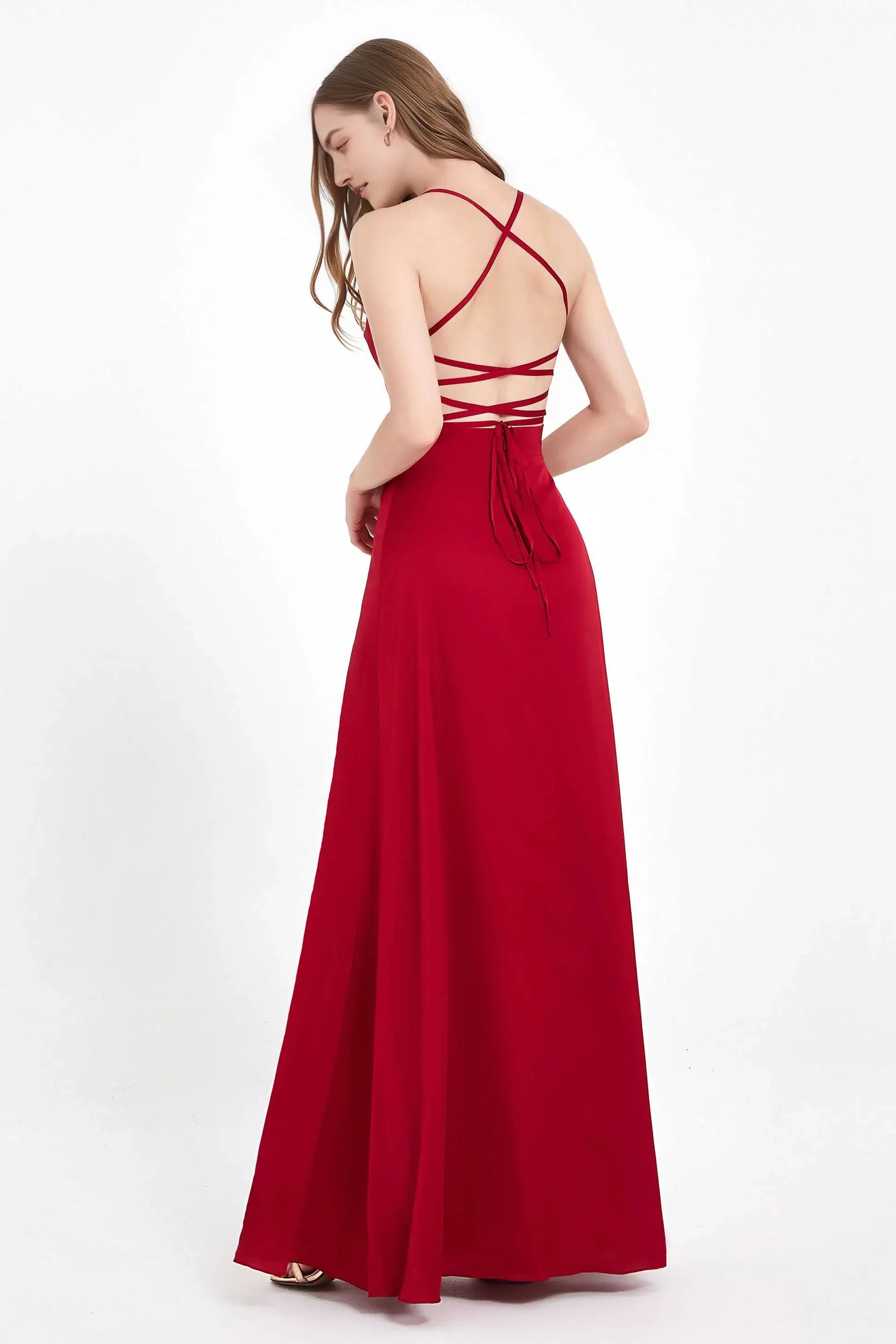 Elegant Burgundy A-Line Cowl Neck Spaghetti Straps Lace-Up Back Slit Floor-Length Prom Dress