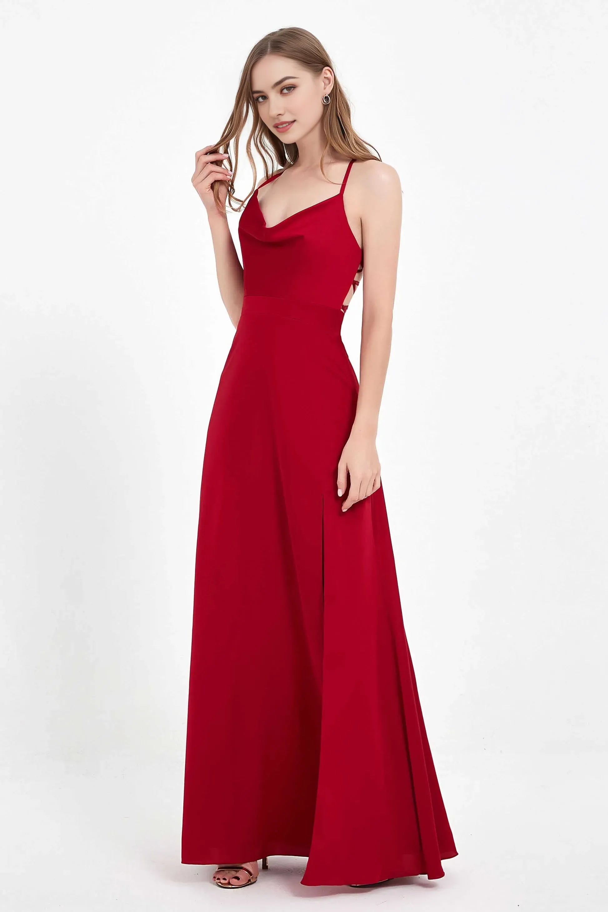 Elegant Burgundy A-Line Cowl Neck Spaghetti Straps Lace-Up Back Slit Floor-Length Prom Dress