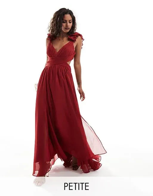 Elegant Burgundy A-Line Deep V-Neck Ruffle shoulder Ruffled Chiffon Open Back Floor-Length Prom Dresses