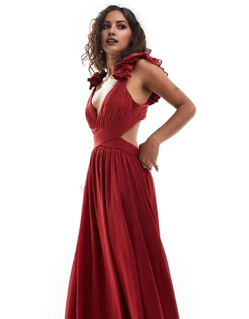 Elegant Burgundy A-Line Deep V-Neck Ruffle shoulder Ruffled Chiffon Open Back Floor-Length Prom Dresses