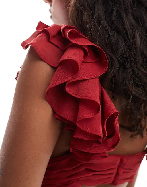 Elegant Burgundy A-Line Deep V-Neck Ruffle shoulder Ruffled Chiffon Open Back Floor-Length Prom Dresses