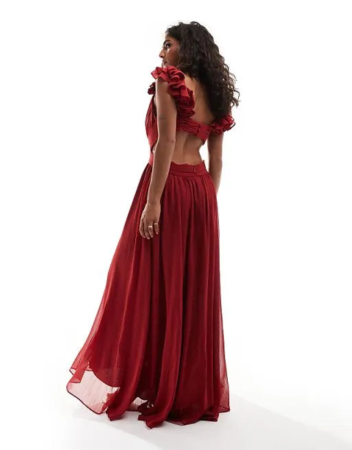Elegant Burgundy A-Line Deep V-Neck Ruffle shoulder Ruffled Chiffon Open Back Floor-Length Prom Dresses