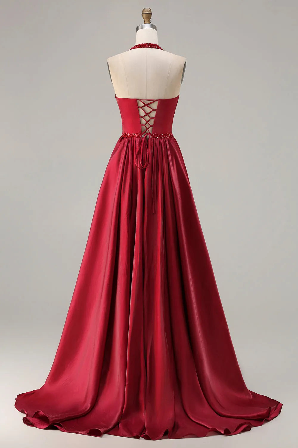 Elegant Burgundy A-Line Halter-Neck Sleeveless Lace Up Back Floor-Length Beaded-Accent Satin Prom Dress with Sequin