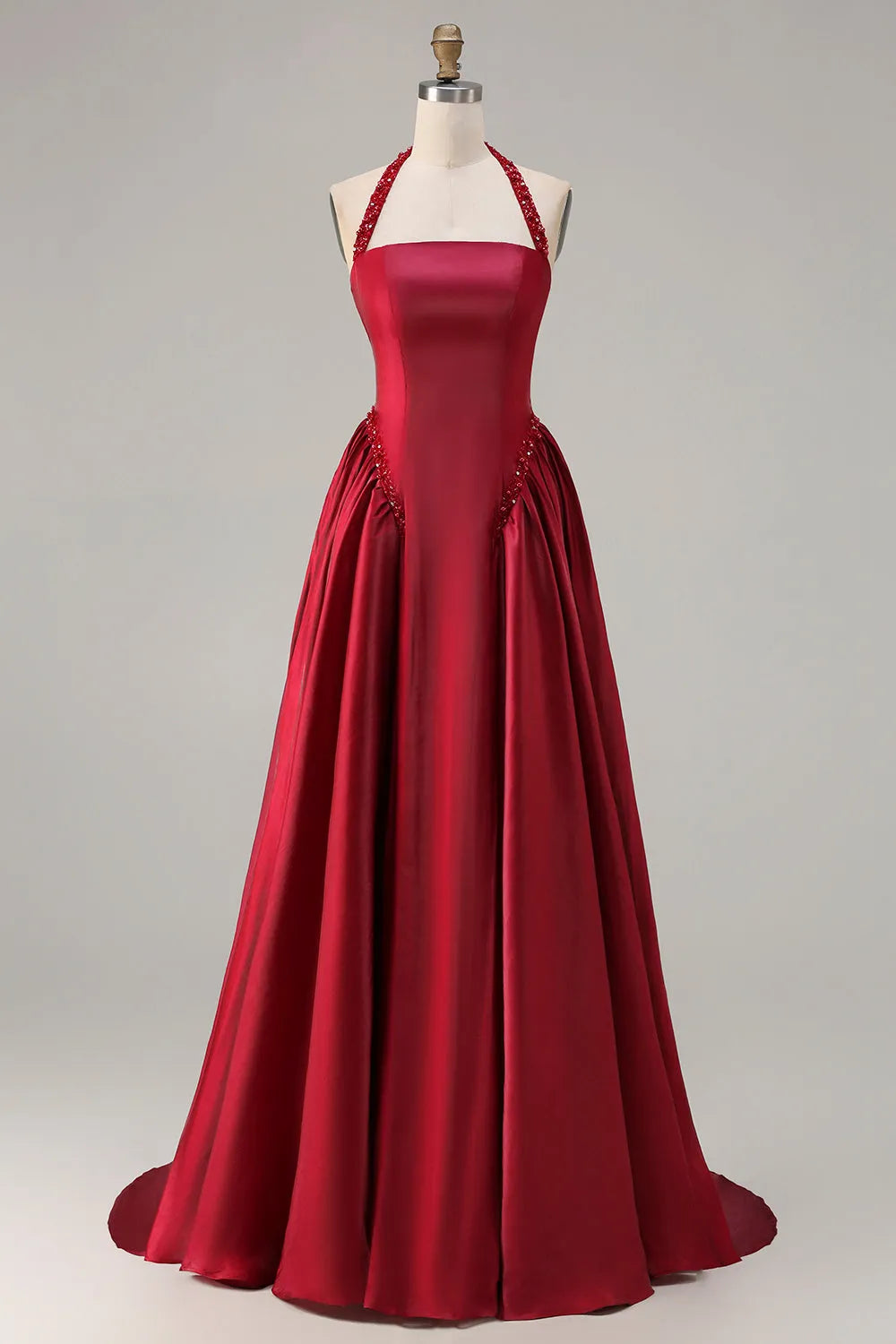 Elegant Burgundy A-Line Halter-Neck Sleeveless Lace Up Back Floor-Length Beaded-Accent Satin Prom Dress with Sequin