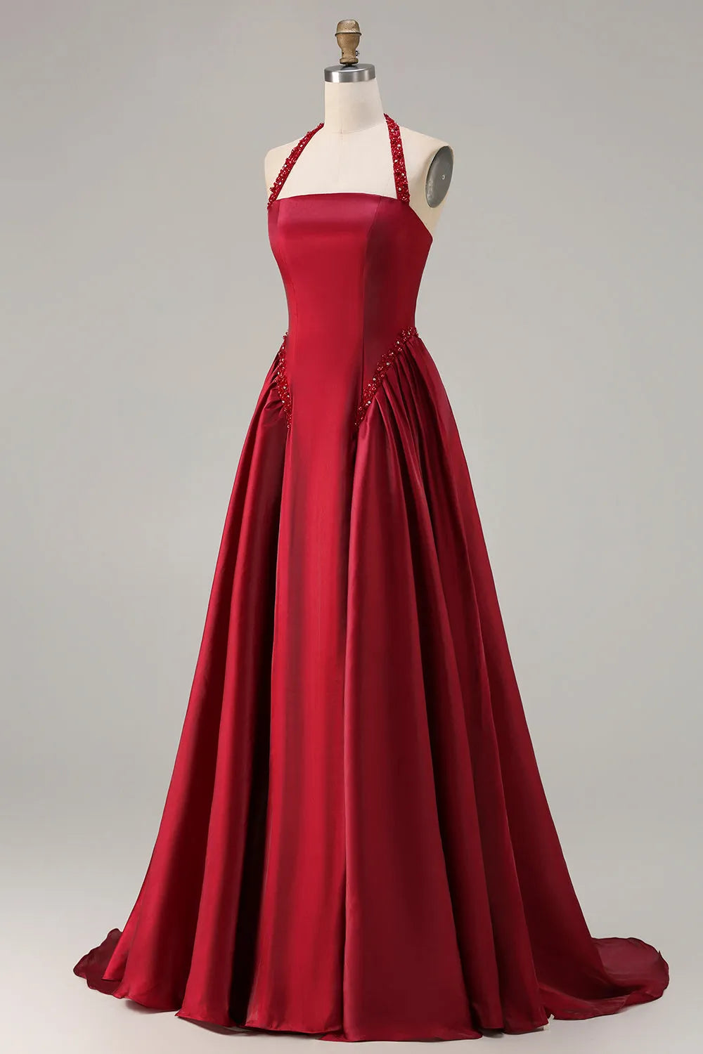 Elegant Burgundy A-Line Halter-Neck Sleeveless Lace Up Back Floor-Length Beaded-Accent Satin Prom Dress with Sequin