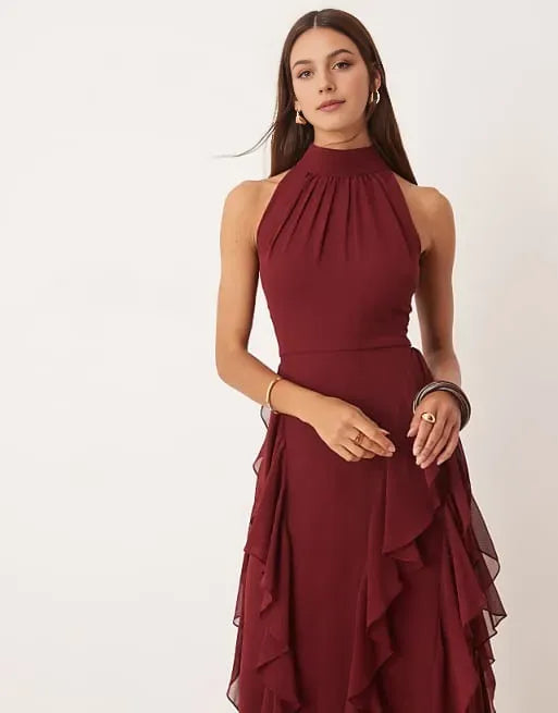 Elegant Burgundy A-Line High-Neck Sleeveless Cut-Out Tie Back Ruffled Backless Chiffon Ankle -Length Prom Dresses ﻿