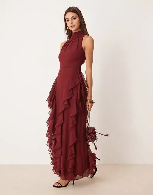Elegant Burgundy A-Line High-Neck Sleeveless Cut-Out Tie Back Ruffled Backless Chiffon Ankle -Length Prom Dresses ﻿