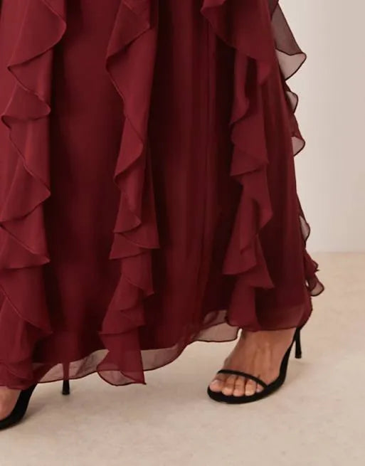 Elegant Burgundy A-Line High-Neck Sleeveless Cut-Out Tie Back Ruffled Backless Chiffon Ankle -Length Prom Dresses ﻿