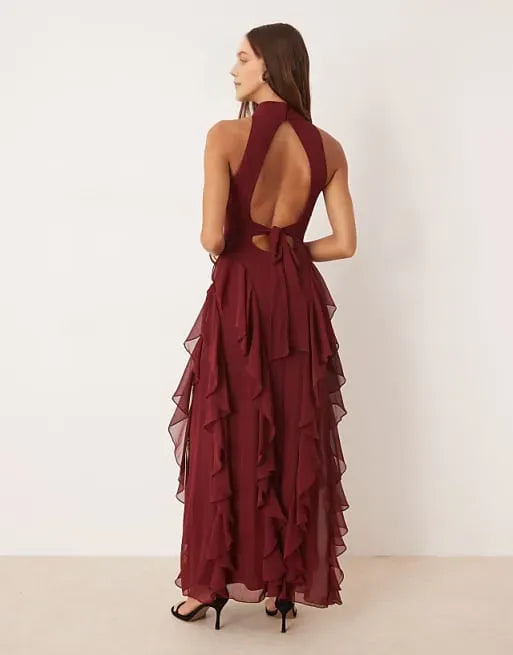 Elegant Burgundy A-Line High-Neck Sleeveless Cut-Out Tie Back Ruffled Backless Chiffon Ankle -Length Prom Dresses ﻿