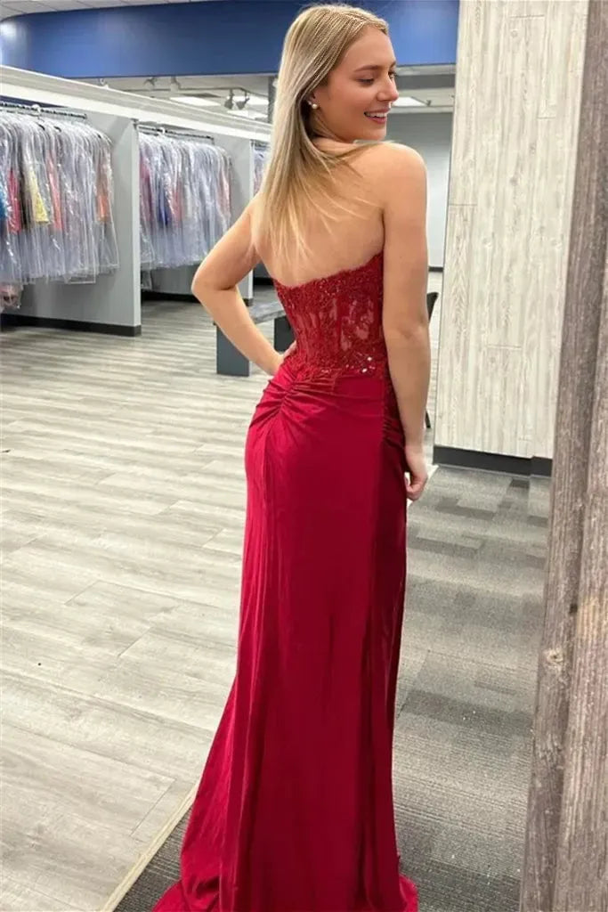 Elegant Burgundy Mermaid Strapless Sleeveless Back Zip Lace Appliques Ruched Slit Floor-Length Prom Dresses