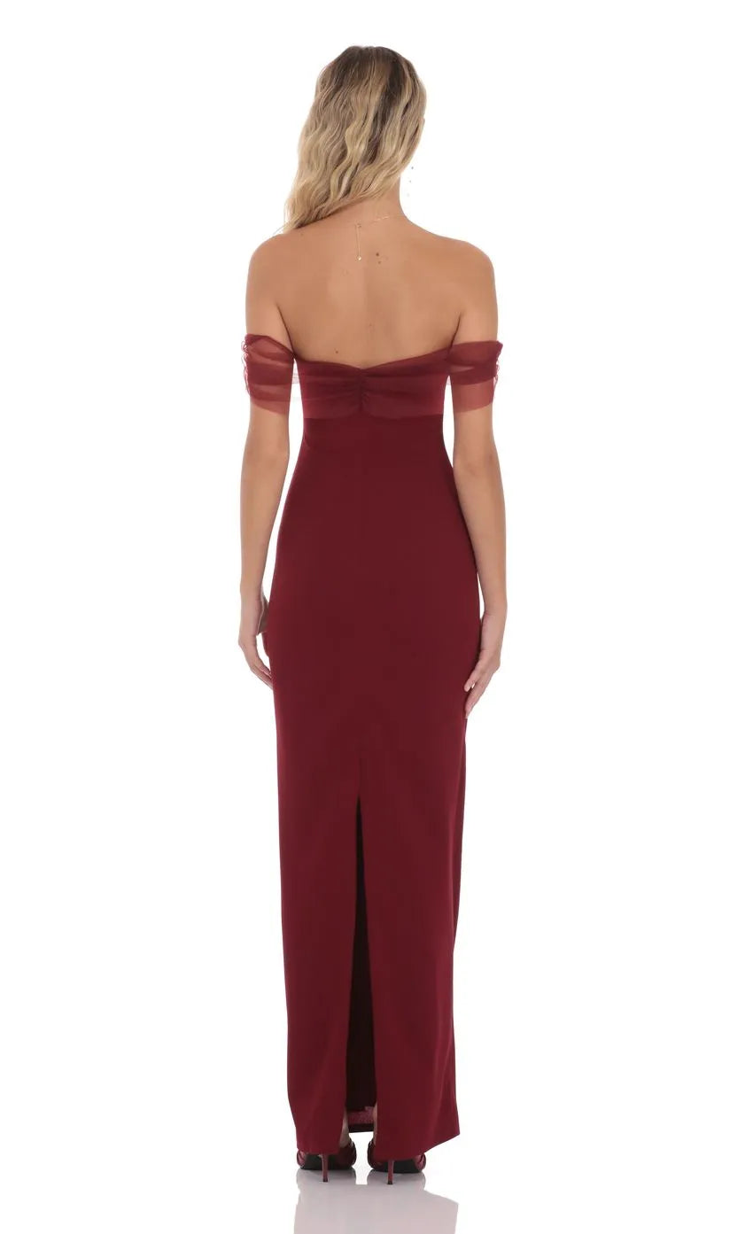 Elegant Burgundy Sheath Off-the-Shoulder Sleeveless Tulle Open-Back Floor-Length Prom Dress with Slit