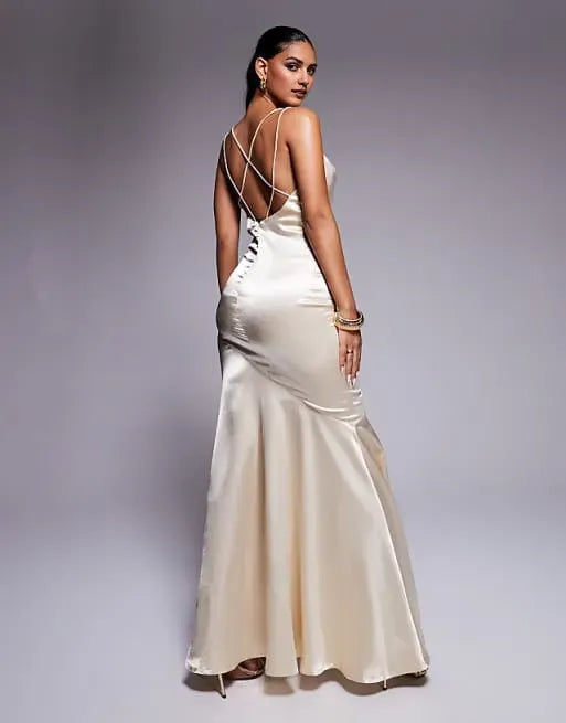 Elegant Champagne Mermaid Cowl-Neck Sleeveless Strappy-Back Satin Ankle-Length Prom Dresses for women for sale