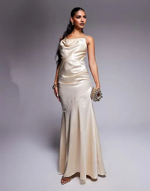 Elegant Champagne Mermaid Cowl-Neck Sleeveless Strappy-Back Satin Ankle-Length Prom Dresses for women for sale