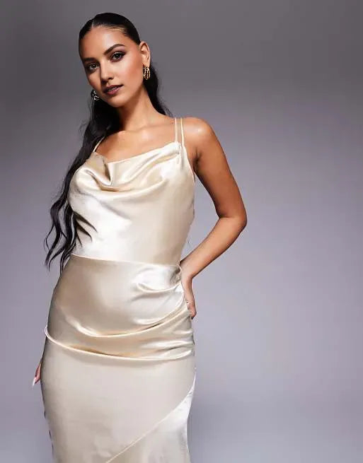 Elegant Champagne Mermaid Cowl-Neck Sleeveless Strappy-Back Satin Ankle-Length Prom Dresses for women for sale