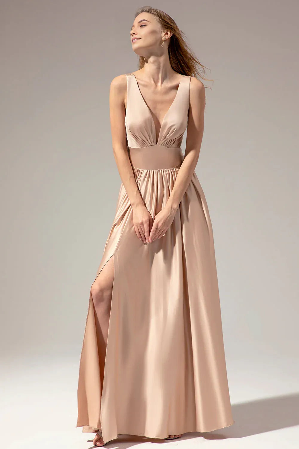 Elegant Champagne Satin A-Line Deep V-Neck Sleeveless Open-Back Floor-Length Prom Dress with Slit