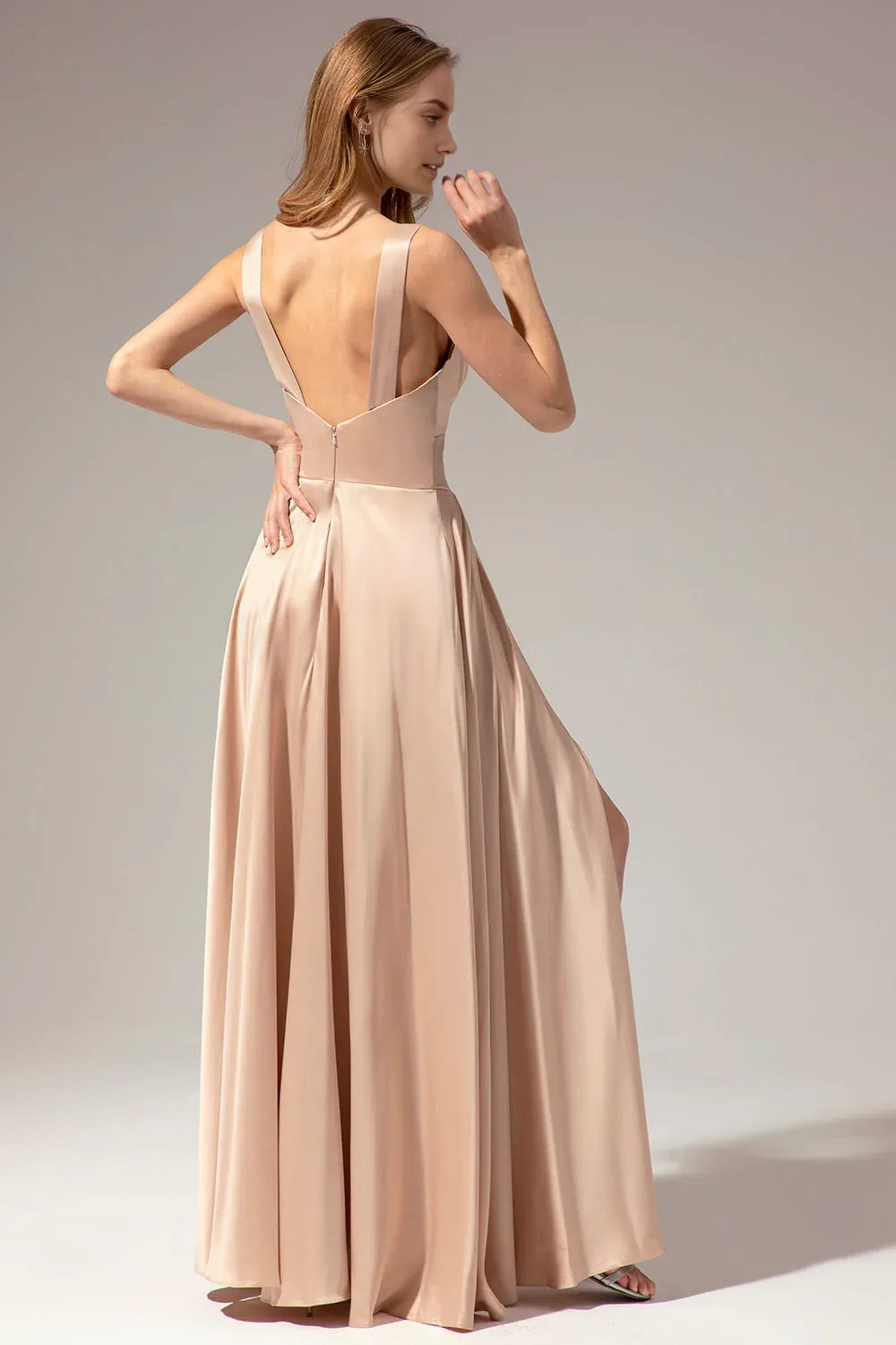 Elegant Champagne Satin A-Line Deep V-Neck Sleeveless Open-Back Floor-Length Prom Dress with Slit