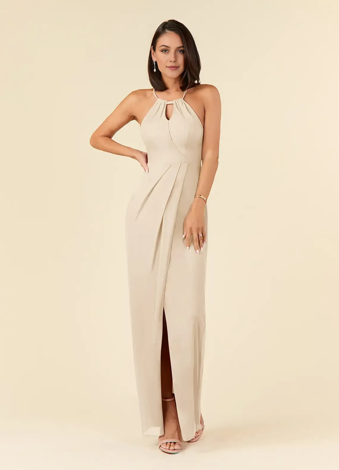 Elegant Champagne Sheath Halter Neck Sleeveless Pleated Keyhole Back Zip Side Leg Slit Floor-Length Mother of the Bride Dress
