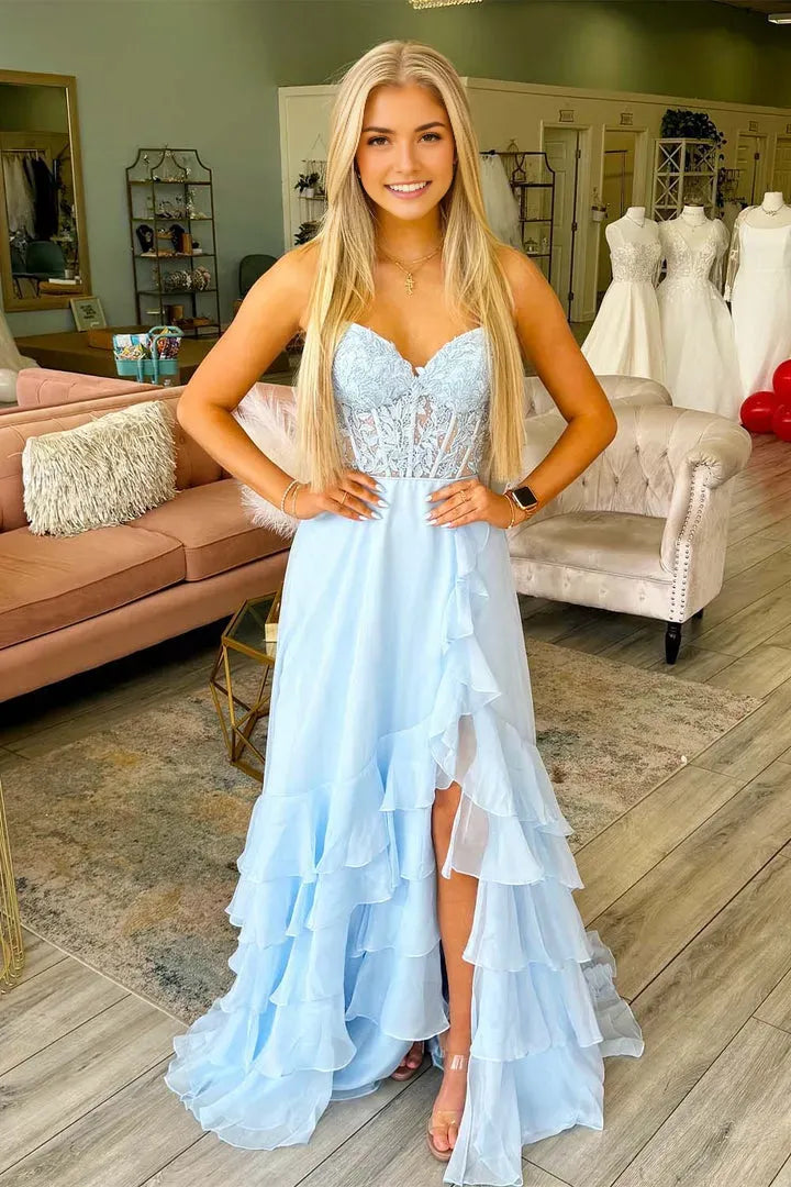 Elegant Chiffon A -Line Sweetheart Neck Sleeveless Appliques Ruffle Corset Lace -Up Floor - Length Prom Dress with Slit