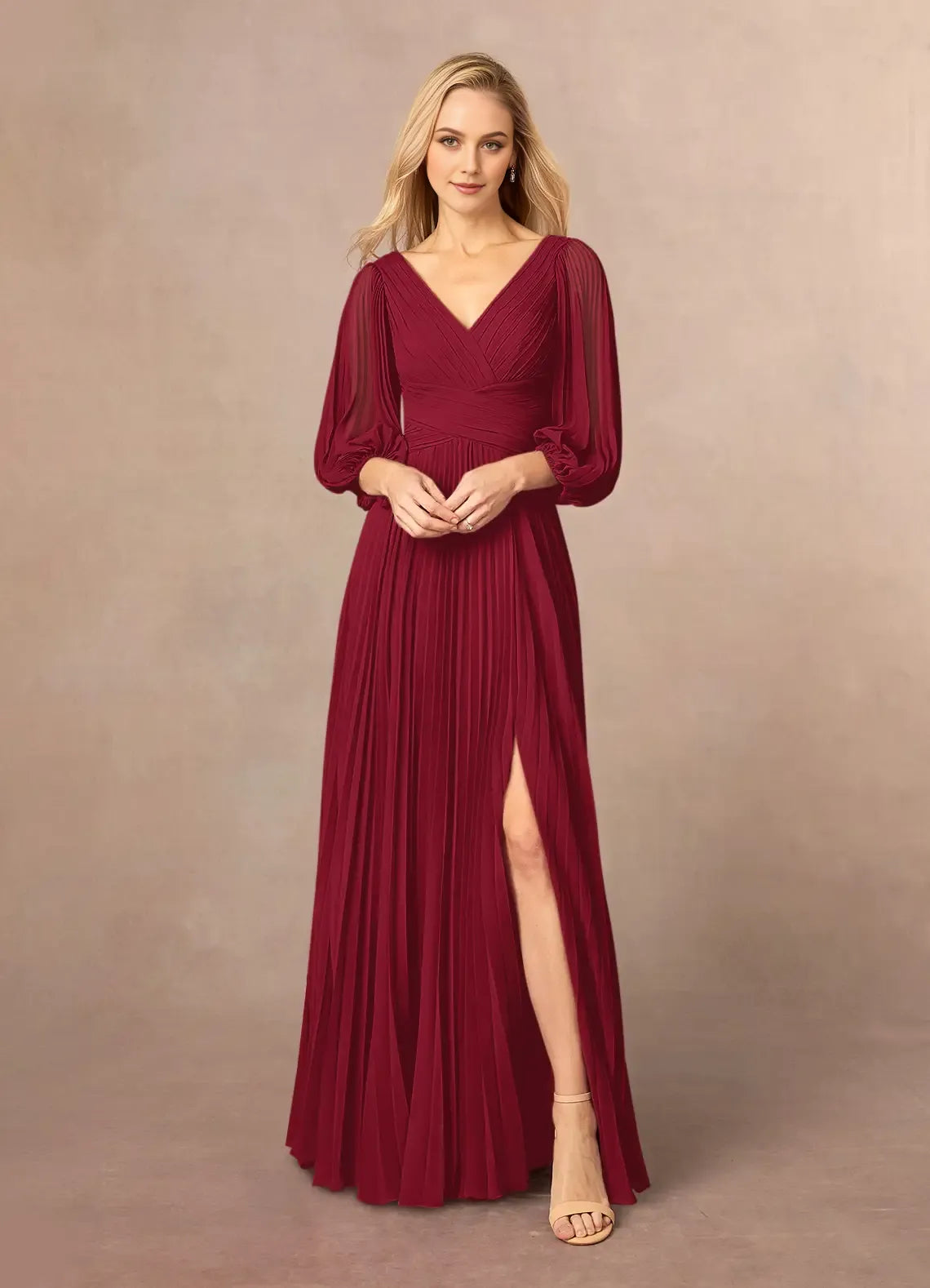 Elegant Chiffon Burgundy A-Line V-Neck Bishop Sleeve Ruched V Back Back Zip Floor-Length High Side Slit Mother of the Bride Dress