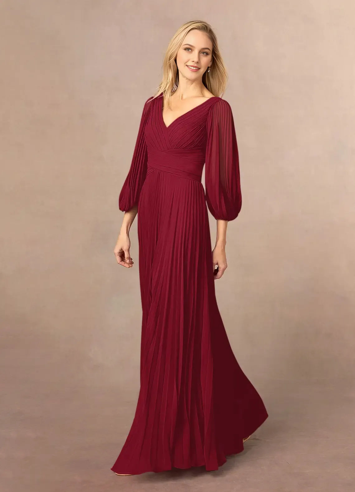 Elegant Chiffon Burgundy A-Line V-Neck Bishop Sleeve Ruched V Back Back Zip Floor-Length High Side Slit Mother of the Bride Dress