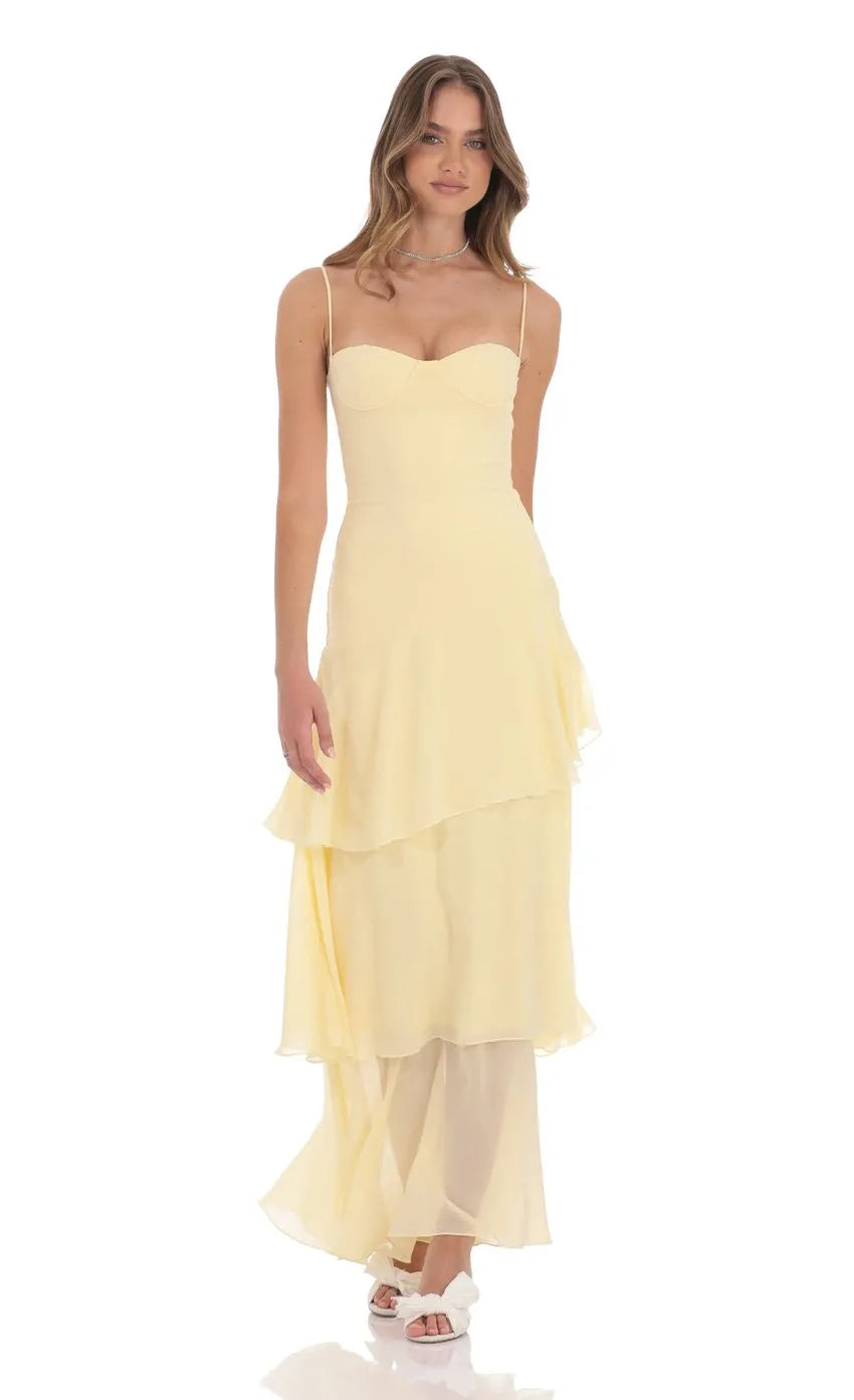 Elegant Chiffon Yellow A-Line Spaghetti Strap Sleeveless Back Zip Tiered Ruffle Floor-Length Prom Dress ﻿