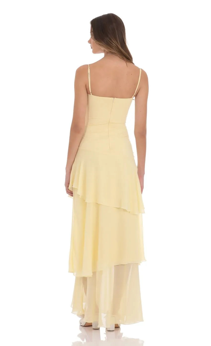 Elegant Chiffon Yellow A-Line Spaghetti Strap Sleeveless Back Zip Tiered Ruffle Floor-Length Prom Dress ﻿