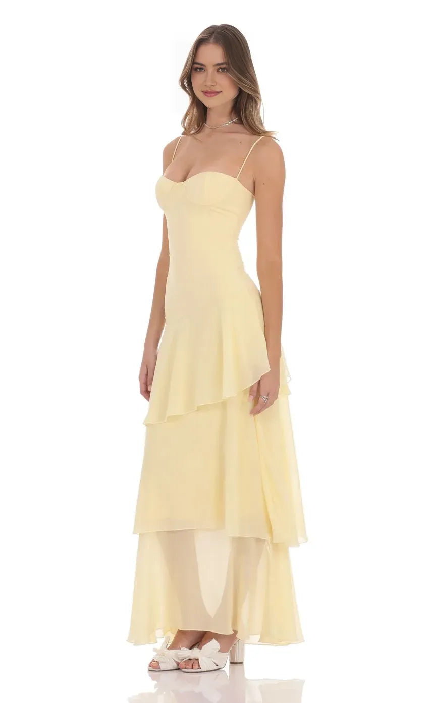 Elegant Chiffon Yellow A-Line Spaghetti Strap Sleeveless Back Zip Tiered Ruffle Floor-Length Prom Dress ﻿
