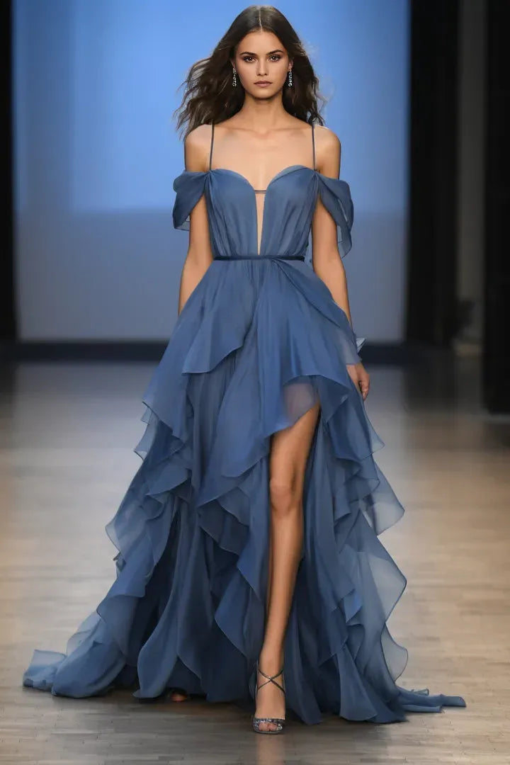 Elegant Dark Blue A-Line Off-Shoulder Ruffle Sleeve Back Zip Floor-Length Prom Dresses Hot sale