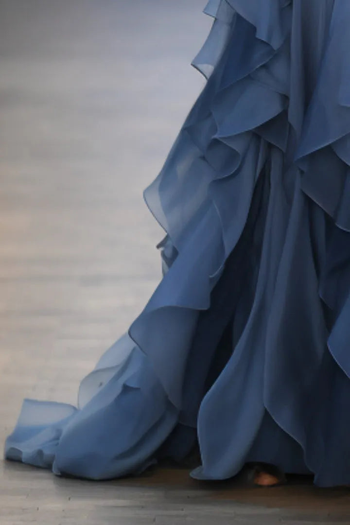 Elegant Dark Blue A-Line Off-Shoulder Ruffle Sleeve Back Zip Floor-Length Prom Dresses Hot sale