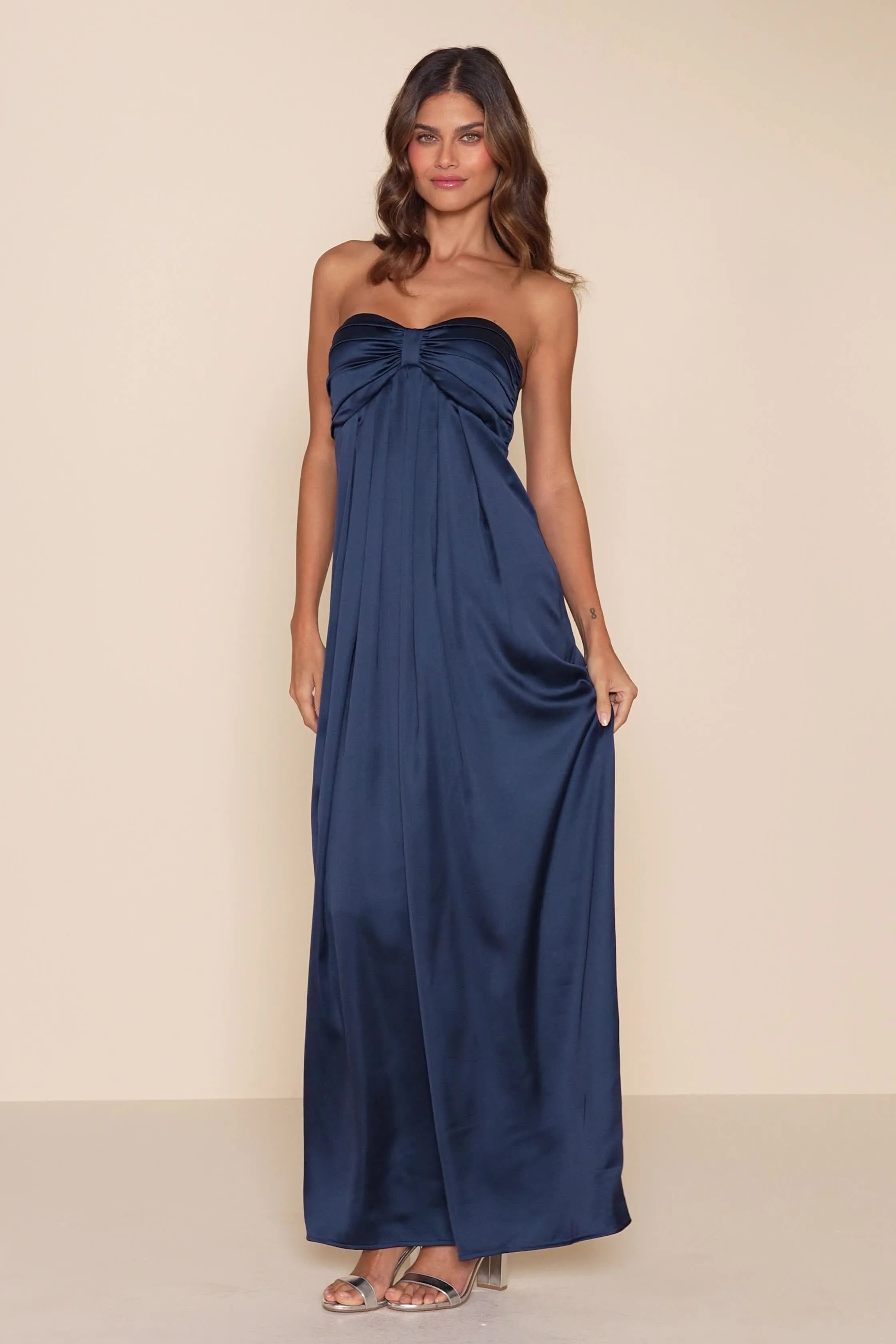 Elegant Dark Blue A-Line Strapless Sleeveless Back Zip Back Ankle-Length Satin Twist-Front Prom Dress