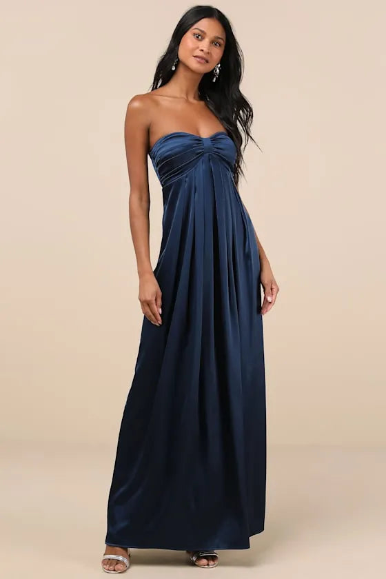 Elegant Dark Blue A-Line Strapless Sleeveless Back Zip Back Ankle-Length Satin Twist-Front Prom Dress