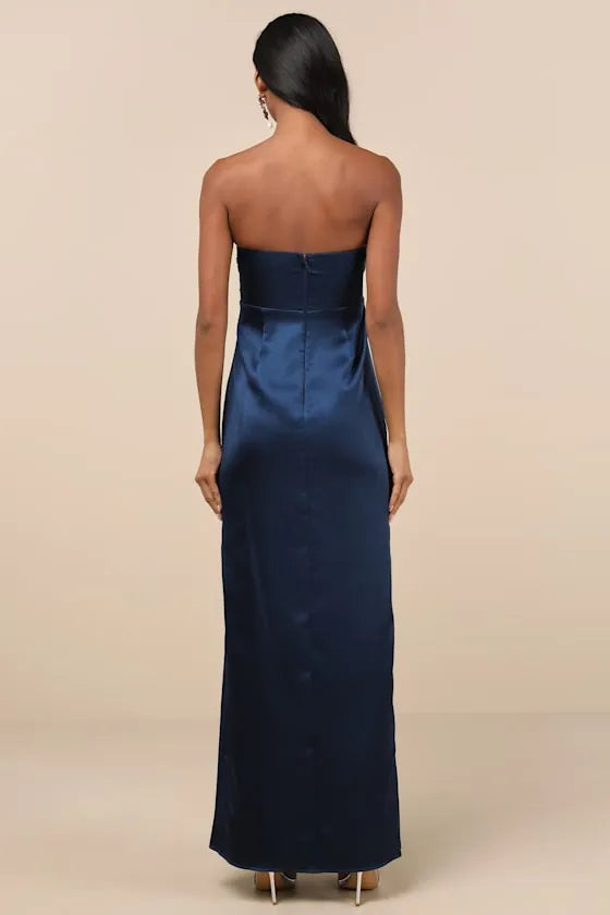 Elegant Dark Blue A-Line Strapless Sleeveless Back Zip Back Ankle-Length Satin Twist-Front Prom Dress