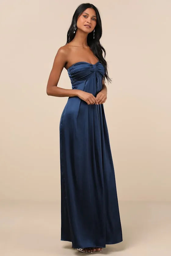 Elegant Dark Blue A-Line Strapless Sleeveless Back Zip Back Ankle-Length Satin Twist-Front Prom Dress