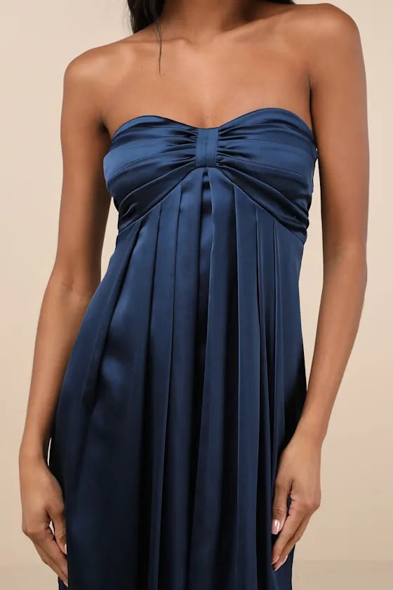 Elegant Dark Blue A-Line Strapless Sleeveless Back Zip Back Ankle-Length Satin Twist-Front Prom Dress
