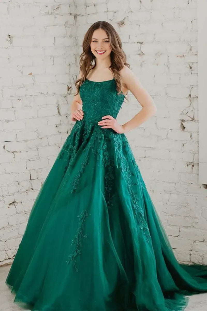 Elegant Dark Green A-Line Spaghetti-Straps Sleeveless Lace Appliques Tulle Lace Up Floor-Length Prom Dress